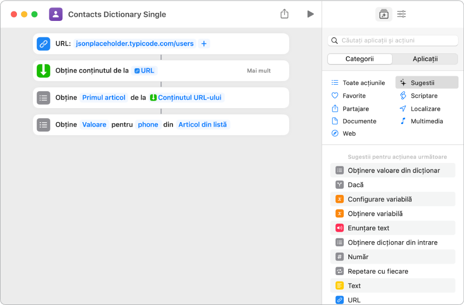 Acțiunea “Obțineți valoarea de dicționar” în editorul de scurtături, cu cheia fixată la “phone”.
