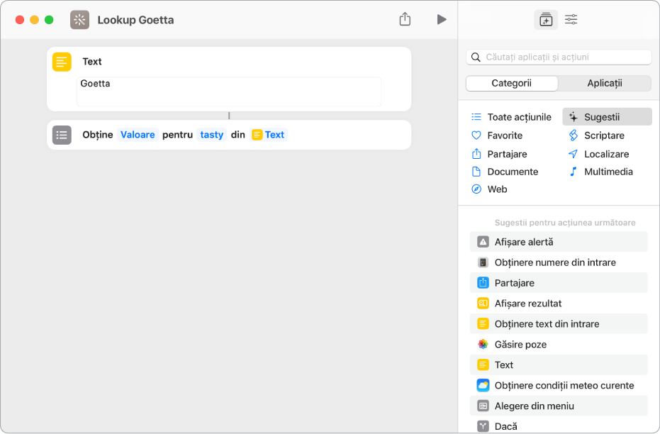 Alertă de eroare în editorul de acțiuni.