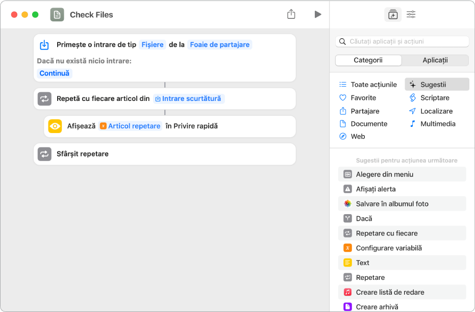 Acțiunea “Privire rapidă” în editorul de scurtături.