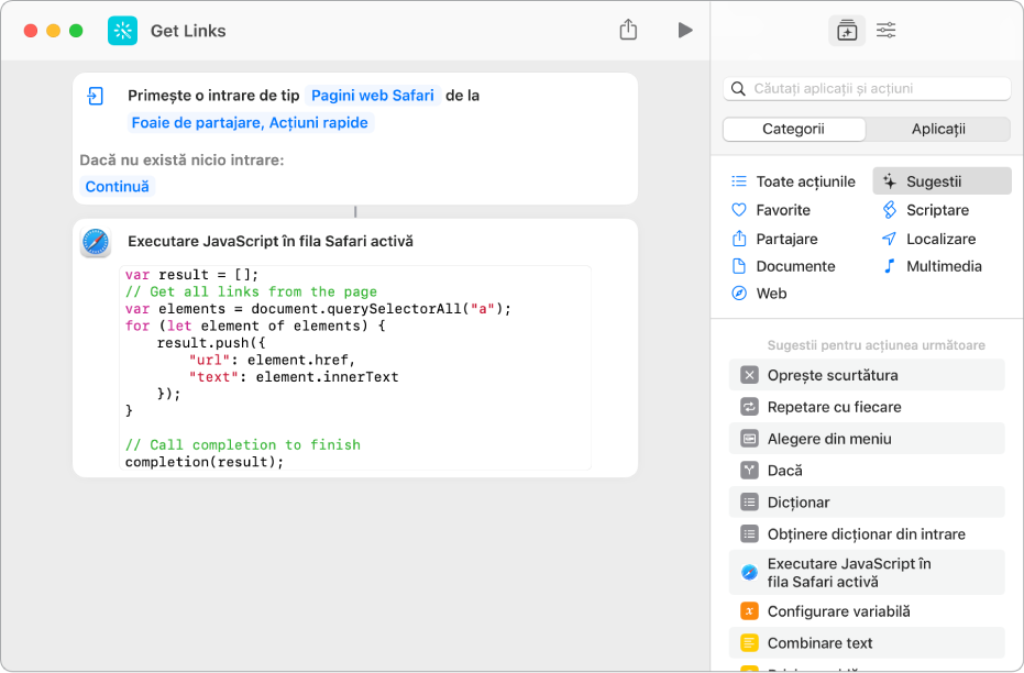 Acțiunea “Executare JavaScript pe pagina web” în editorul de scurtături.