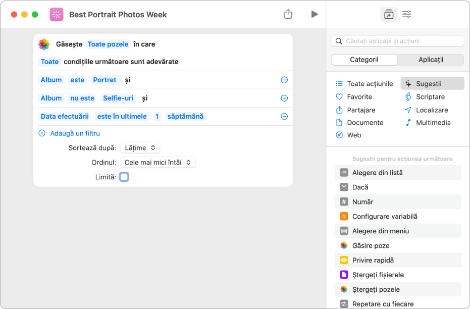 Acțiune “Găsiți poze în care” în editorul de acțiuni.
