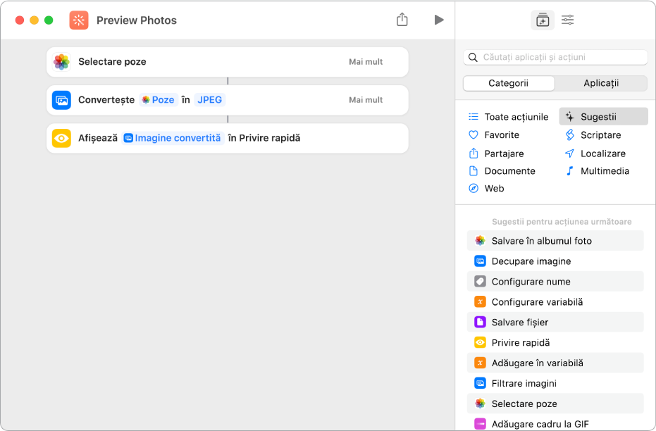 Exemplu al unei acțiuni de “obținere” cu o linie centrală care îi transmite ieșirea către o altă acțiune.