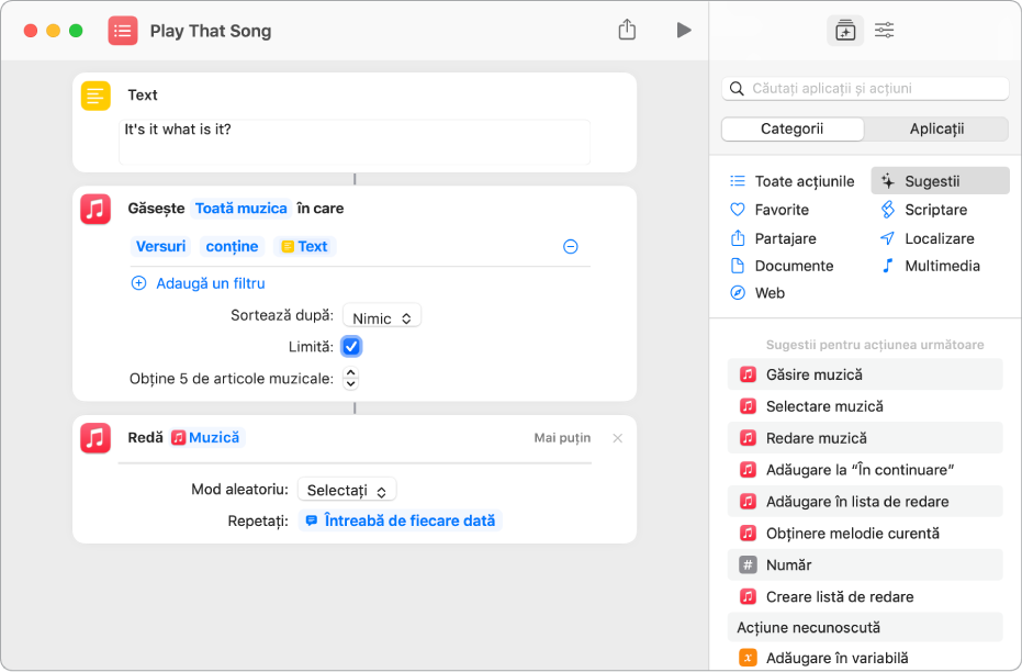 Variabila “Întreabă de fiecare dată” înlocuind parametrii “Repetați” din acțiunea “Redare muzică” în editorul de scurtături.