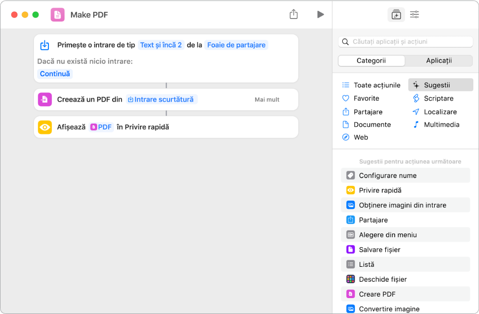 Editorul de acțiuni afișând o linie verticală care conectează acțiunile.