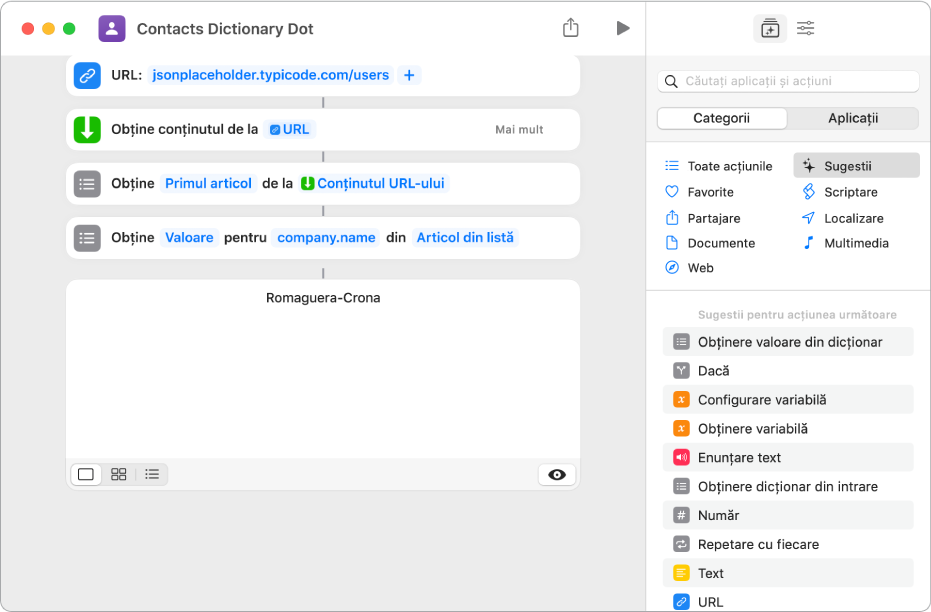 Acțiunea “Obțineți valoarea de dicționar” în editorul de scurtături, cu cheia fixată la “company.name”.