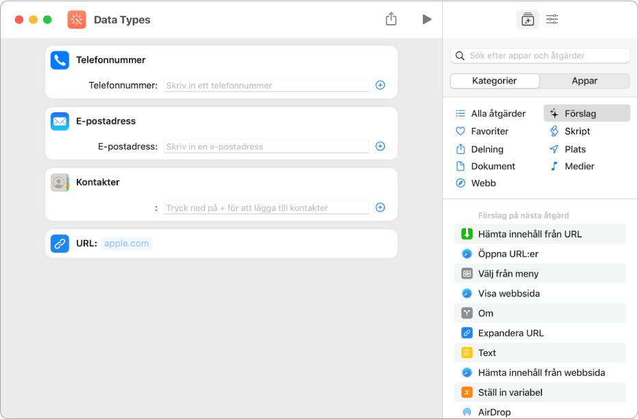 Genvägsredigeraren som visar åtgärder som lagrar innehåll i genvägen.