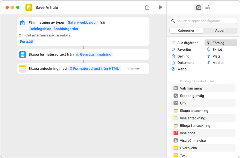 Åtgärder som visas i genvägsredigeraren.
