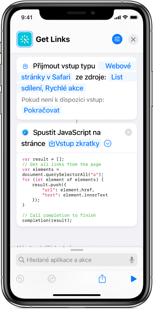 Akce „Spustit JavaScript na webové stránce“ v editoru zkratek