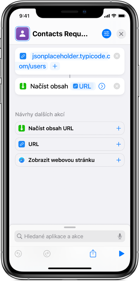 Požadavek API obsahující akci URL, která odkazuje na koncový bod API; následuje akce „Načíst obsah URL“.