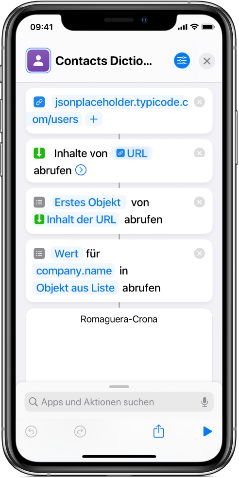Die Aktion „Wörterbuchwert abrufen“ im Kurzbefehleditor zeigt den „company.name“ eingestellten Schlüssel.