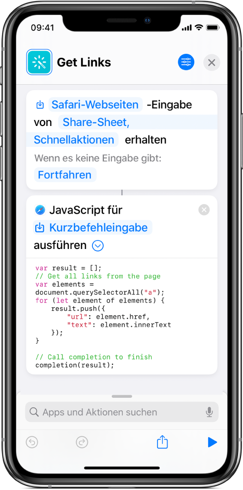 Die Aktion „JavaScript auf Webseite ausführen“ im Kurzbefehleditor