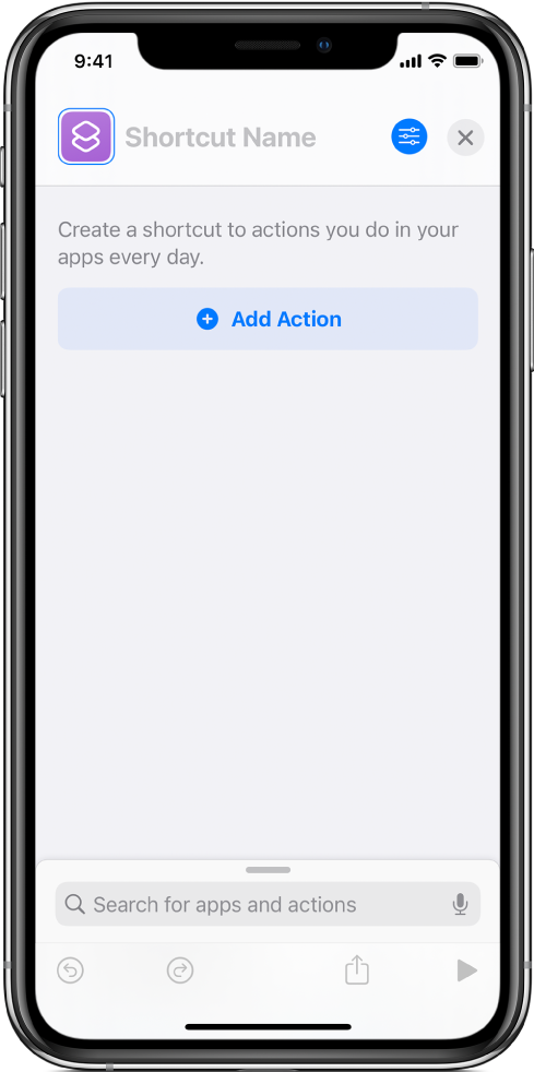 Empty shortcut editor on an iPhone.