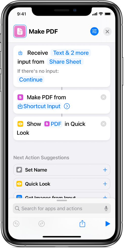 Shortcut editor showing vertical line connecting actions.