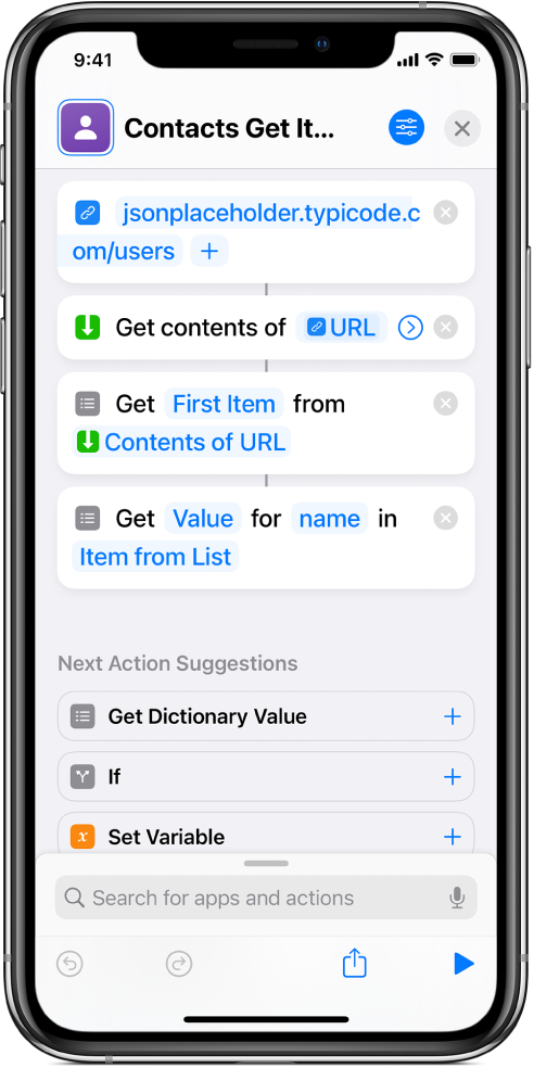 Get Dictionary Value action in the shortcut editor with the key set to name.