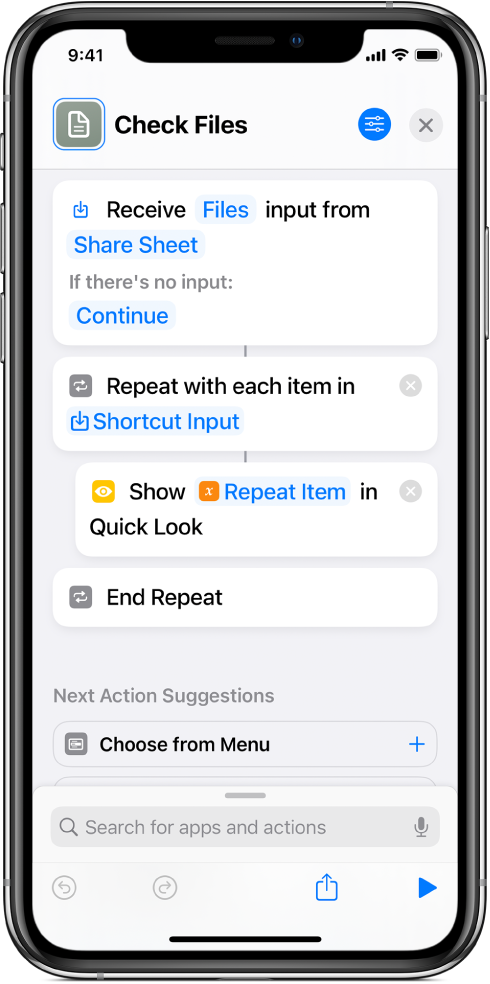 Quick look action in the shortcut editor.