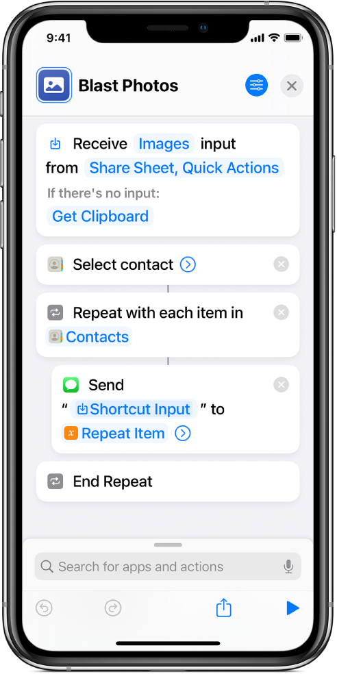 Example shortcut showing “Repeat” actions.