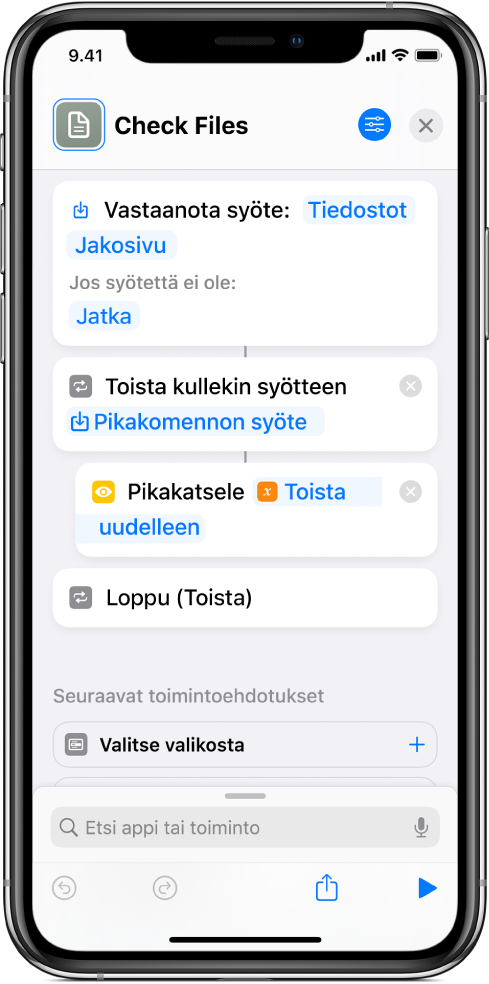 Pikakatsele-toiminto pikakomentoeditorissa.