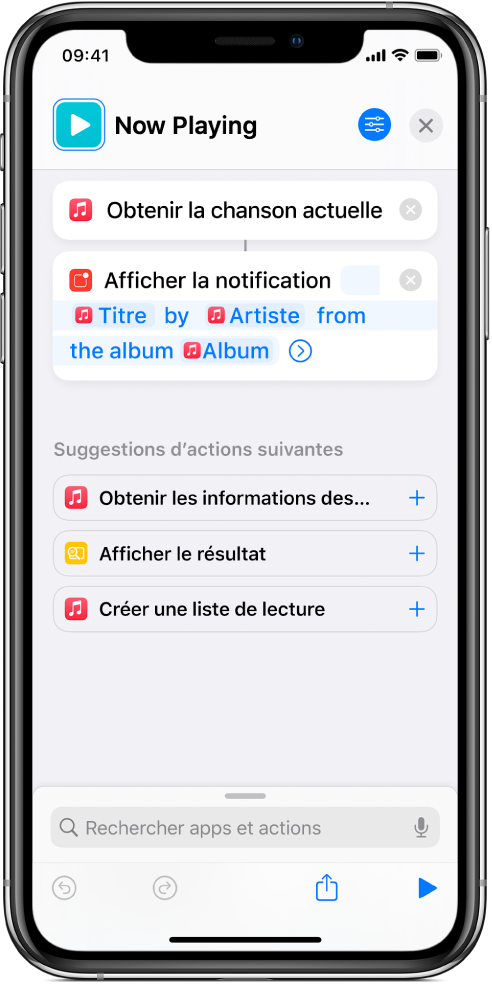 Action « Afficher la notification » dans l’éditeur de raccourcis et alerte « À l’écoute » de Musique appelées par cette action.