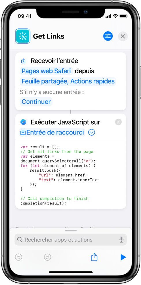 L’action « Exécuter JavaScript sur une page web » dans l’éditeur de raccourci.