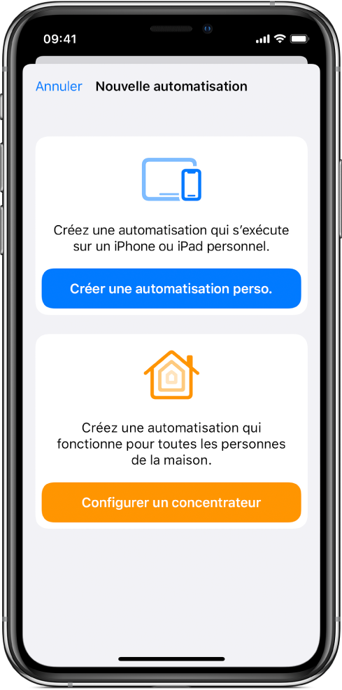 La section Automatisation de l’app Raccourcis.