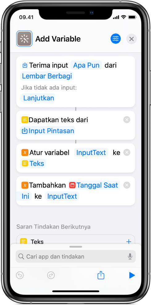 Tindakan Atur Variabel dan Tambahkan ke Variabel di editor pintasan.