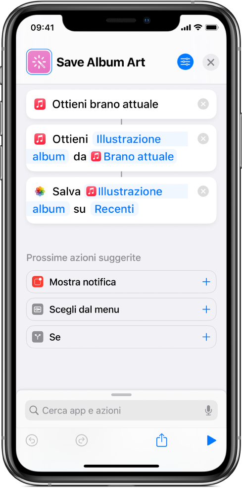 Comando rapido esemplificativo che mostra azioni che estraggono contenuti da un input.