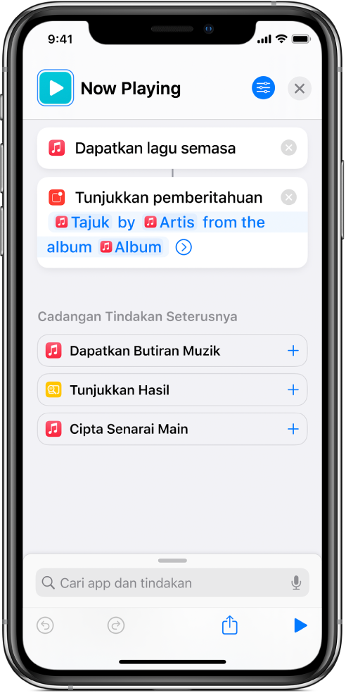 Tindakan Tunjukkan Pemberitahuan dalam editor pintasan dan isyarat Kini Dimainkan Muzik dipanggil oleh tindakan Tunjukkan Pemberitahuan.