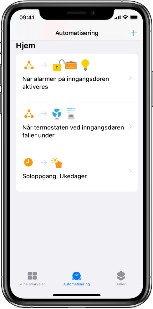 Hjemautomatisering i Snarveier-appen.