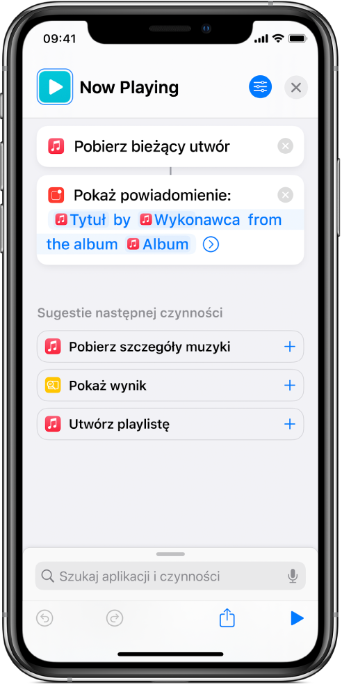 Czynność Pokaż powiadomienie w edytorze skrótów, wyświetlająca alert z informacją o aktualnie odtwarzanym utworze w aplikacji Muzyka.