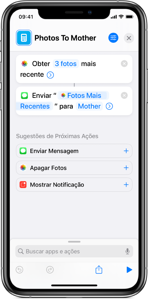 Atalho com uma ação Obter Fotos Mais Recentes e uma ação Enviar Mensagem.