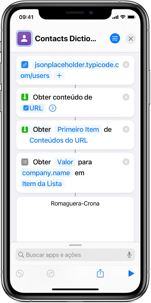 Ação “Obter Valor do Dicionário” no editor de atalhos com a chave definida como company.name.