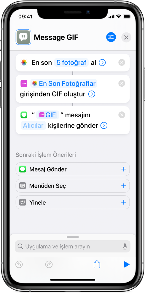 Fotoğrafların hareketli GIF olduğu bir mesaj göndermek için kullanılan işlemleri gösteren kestirme düzenleyici.