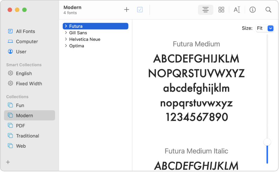The Font Book window showing the fonts included in the Modern font collection.