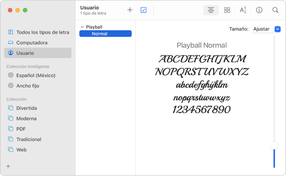 Ventana de Catálogo Tipográfico mostrando una lista de tipos de letra instalados por el usuario.