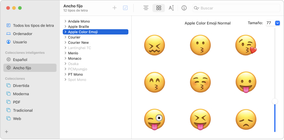 La ventana de Catálogo Tipográfico con una previsualización del tipo de letra “Apple Color Emoji”.