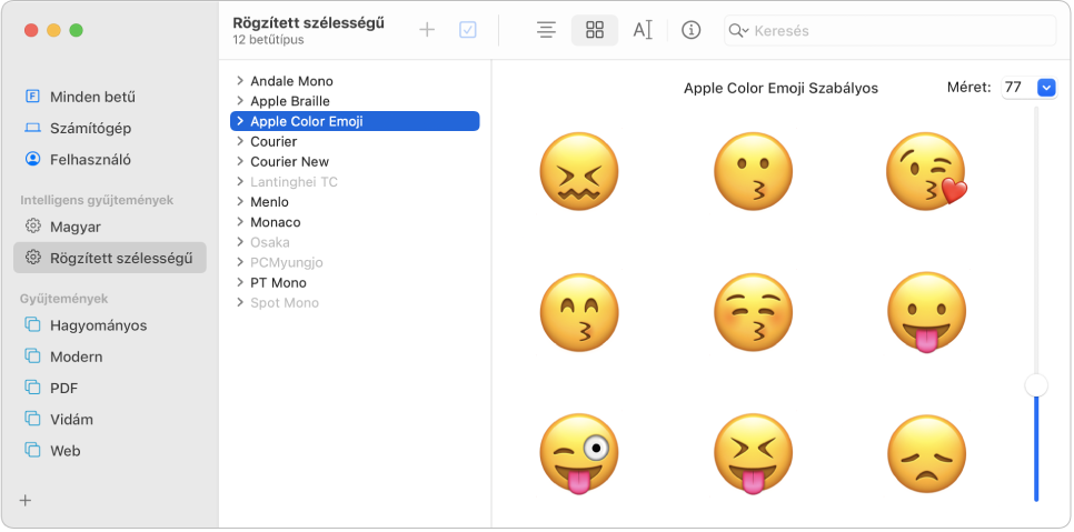 A Betűtár ablaka az Apple Color Emoji betűtípus előnézetével.