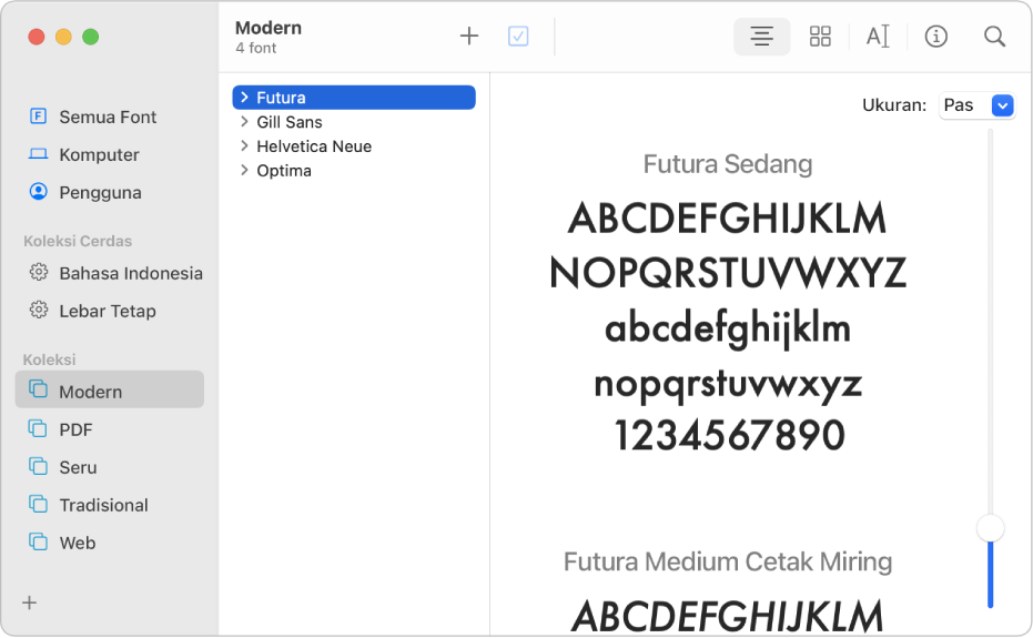 Jendela Buku Font menampilkan font yang disertakan di koleksi font Modern.