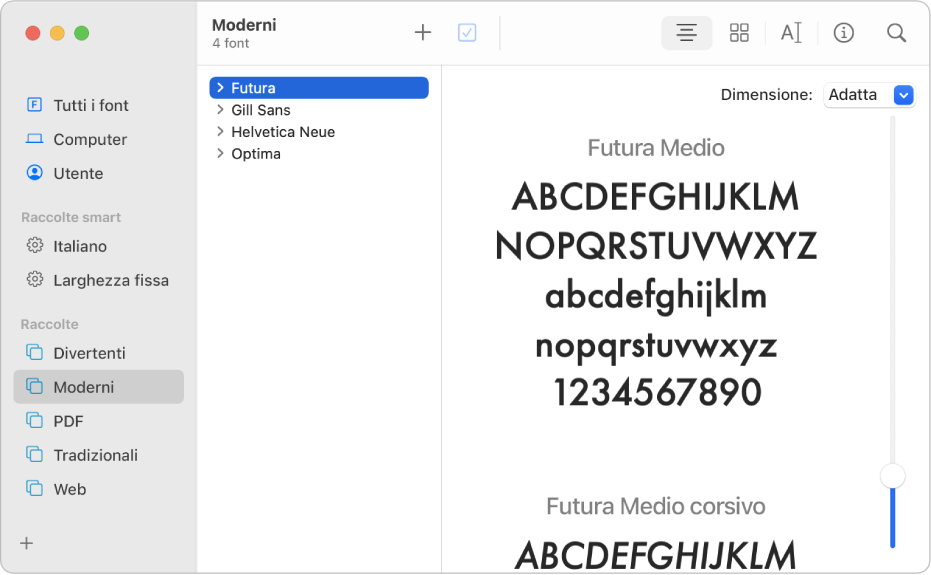 La finestra di Libro Font che mostra i font inclusi nella raccolta font Moderno.