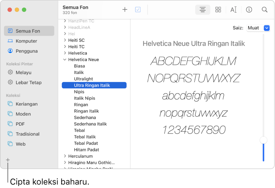 Tetingkap Buku Fon menunjukkan butang Tambah di bahagian penjuru kiri bawah untuk mencipta koleksi baharu.