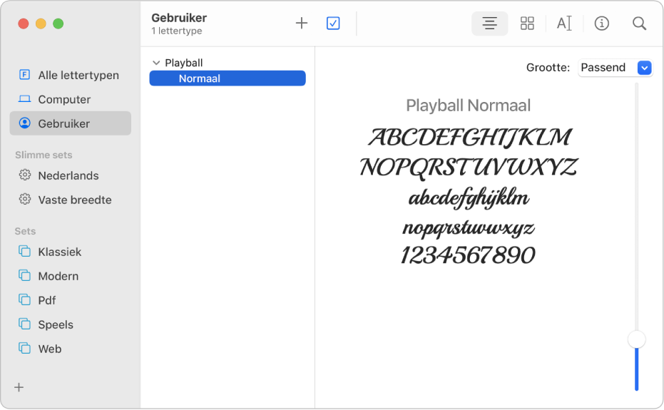 Het venster van Lettertypecatalogus met een lijst met onlangs door de gebruiker geïnstalleerde lettertypen.