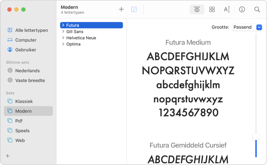 Het venster van Lettertypecatalogus met de lettertypen in de lettertypeset 'Modern'.