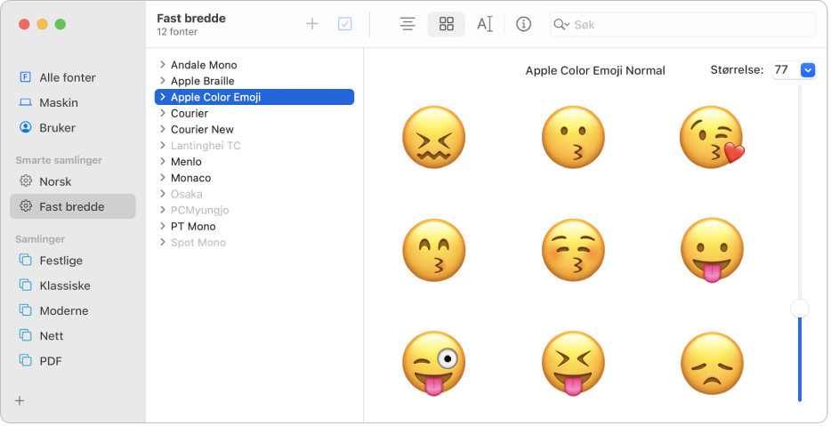 Fontbok-vinduet, som viser en forhåndsvisning av Apple Color Emoji-fonten.