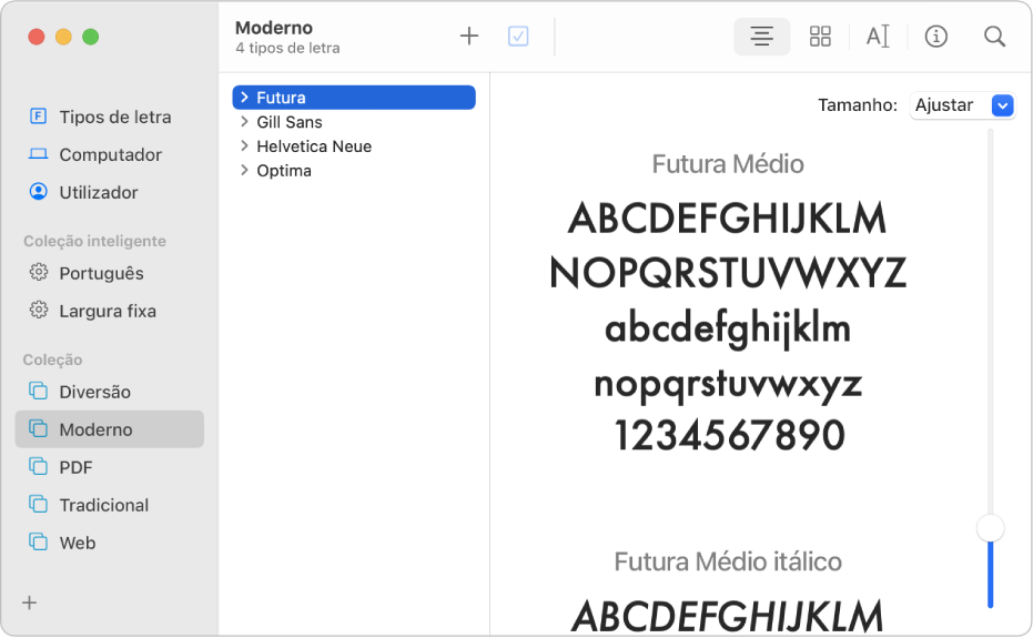 A janela do Catálogo Tipográfico a mostrar os tipos de letra incluídos na coleção do tipo de letra Moderno.