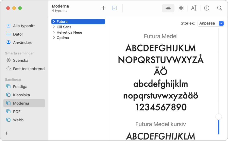 Fönstret Typsnittsbok visar de typsnitt som ingår i typsnittssamlingen Modern.