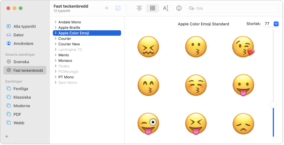 Fönstret Typsnittsbok visar en förhandsvisning av typsnittet Apple Color Emoji.