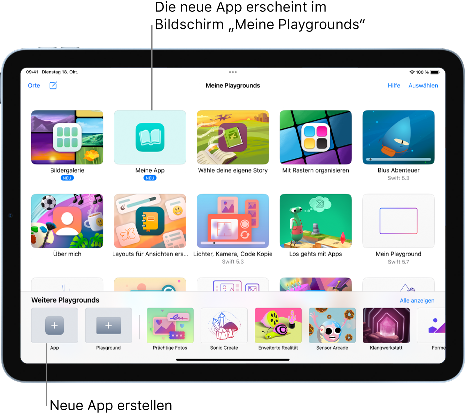 Der Bildschirm „Meine Playgrounds“. Links unten befindet sich die Taste „App“, mit der ein App-Playground erstellt werden kann.