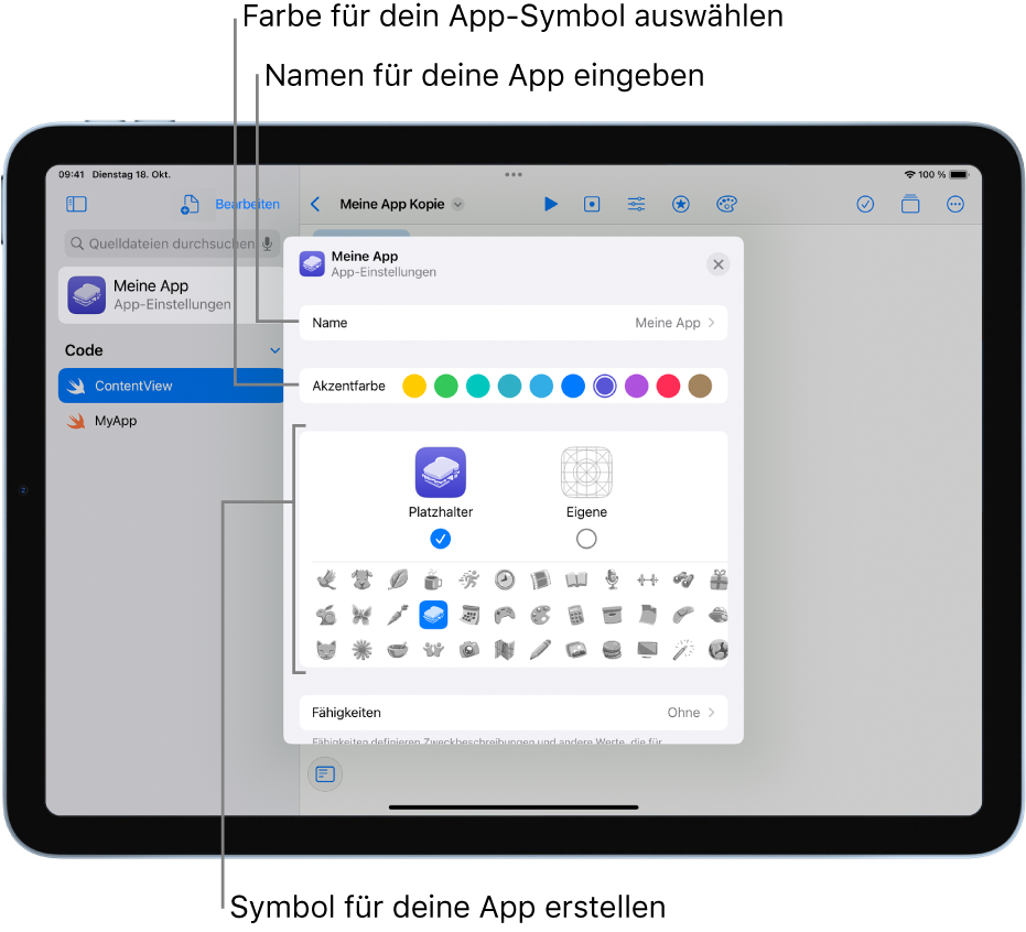 Die App-Einstellungen für eine App mit dem Namen der App, den Farben und Medien, mit denen das App-Symbol erstellt werden kann.