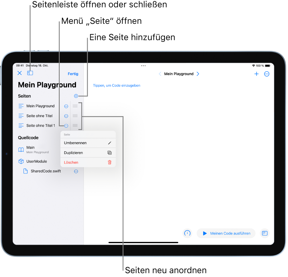 Ein Playground-Buch und die geöffnete Seitenleiste mit der Liste der Seiten, Module und Dateien. Für eine der in der Seitenleiste aufgelisteten Seiten ist das Kontextmenü geöffnet. Darin befinden sich die Seitenbefehle zum Umbenennen, Duplizieren und Löschen.