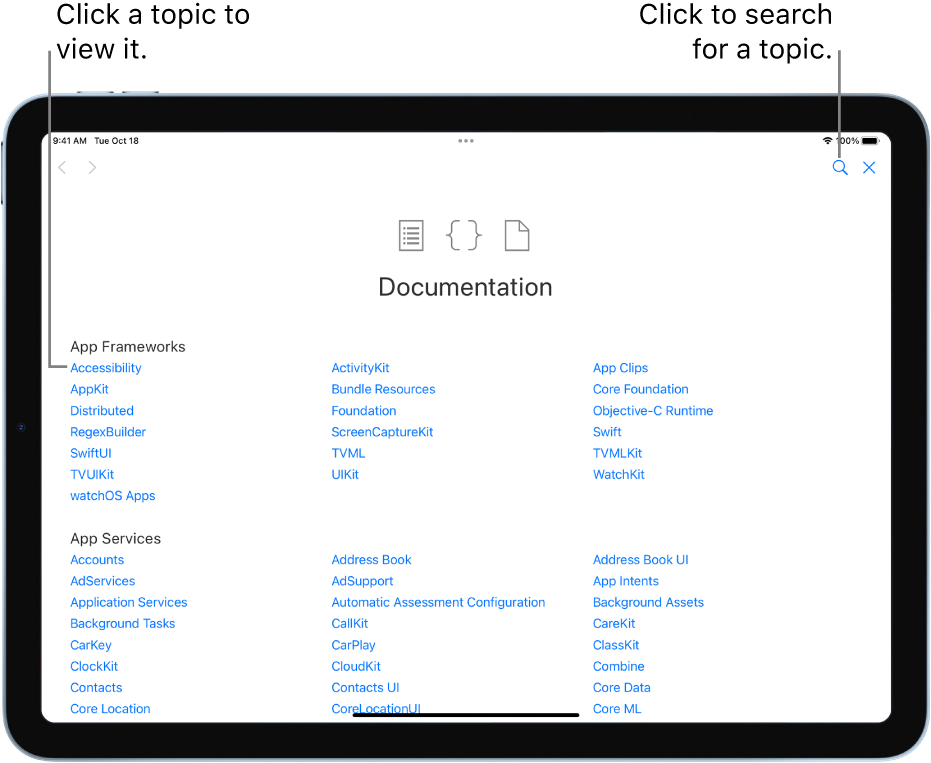 The Table of Contents page in the Swift Documentation, showing the search button at the top right, and topics you can tap to read.