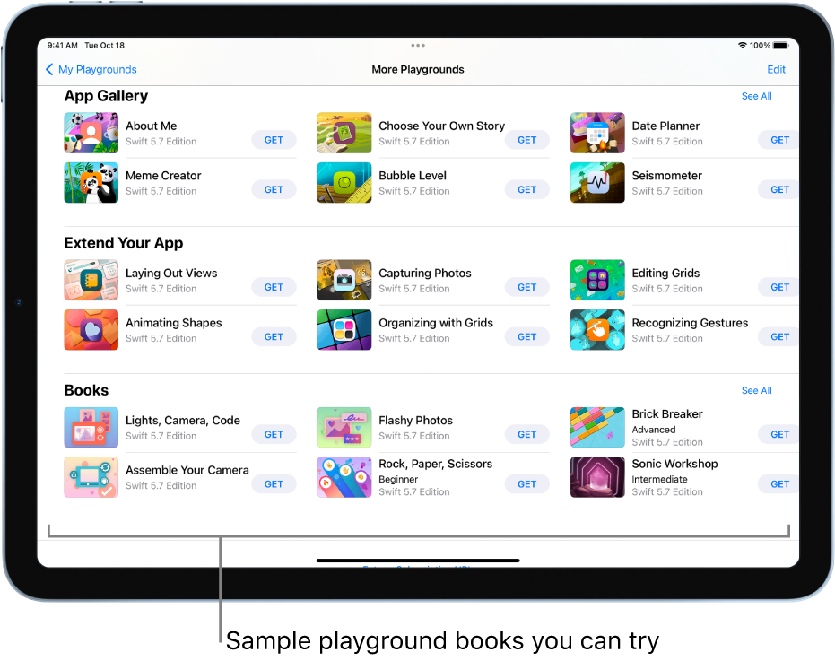 The My Playgrounds screen. At the bottom is the Books section, showing several playground books you can try.